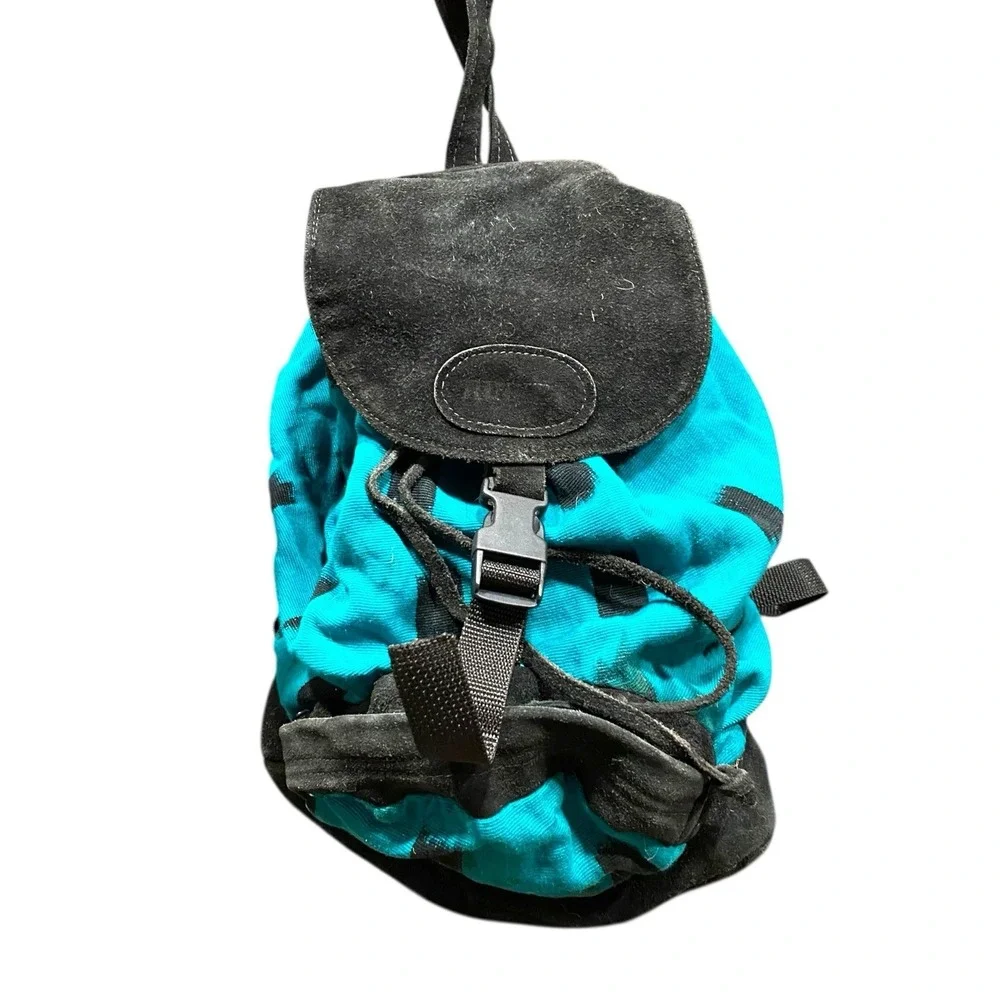 Vintage 90s Y2K LEI Black Faux Leather Suede Mini‎ Backpack Bag w Wallet Pocket